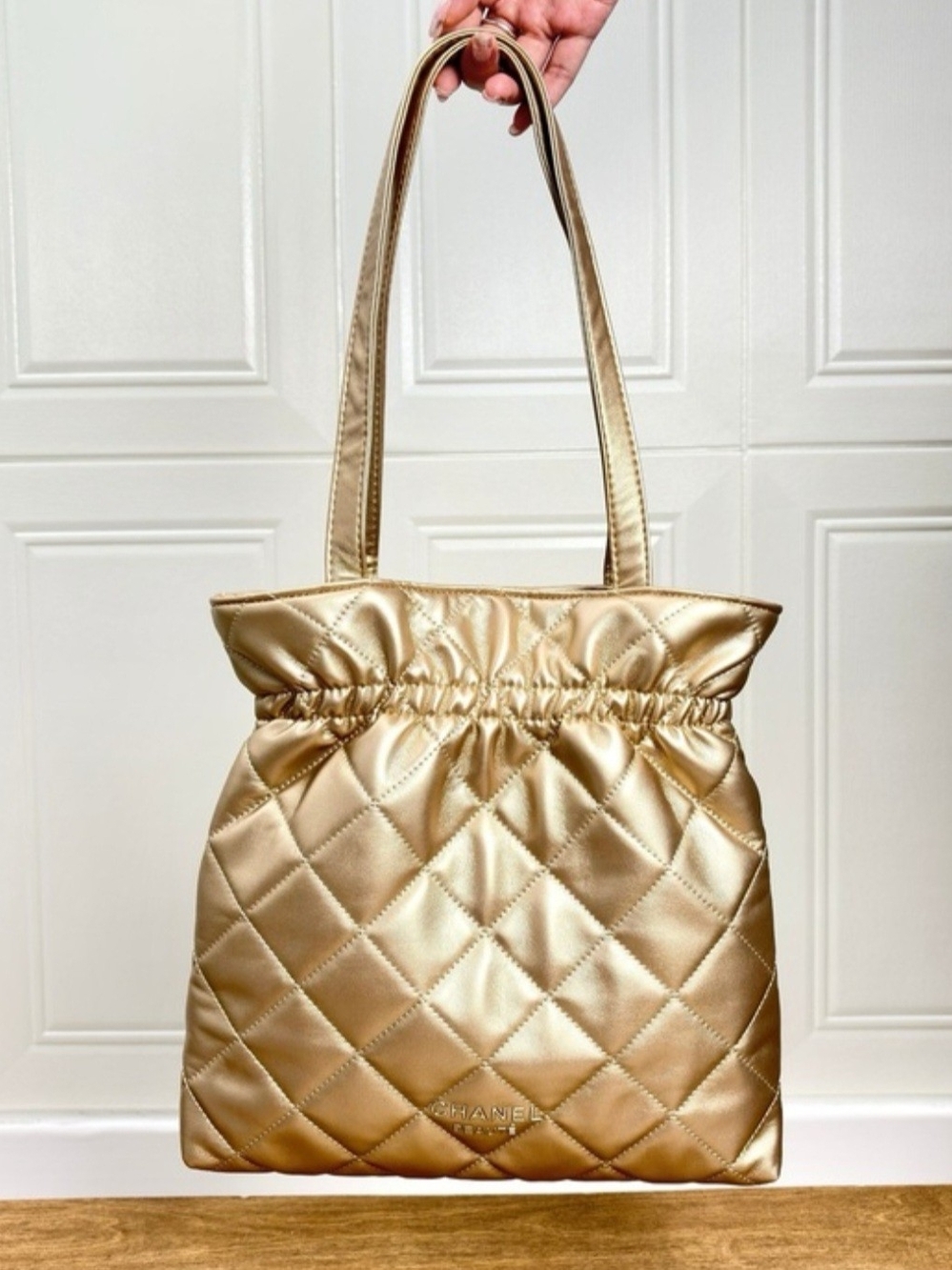 VIP Gold Quilted Drawstring Shoulder Tote